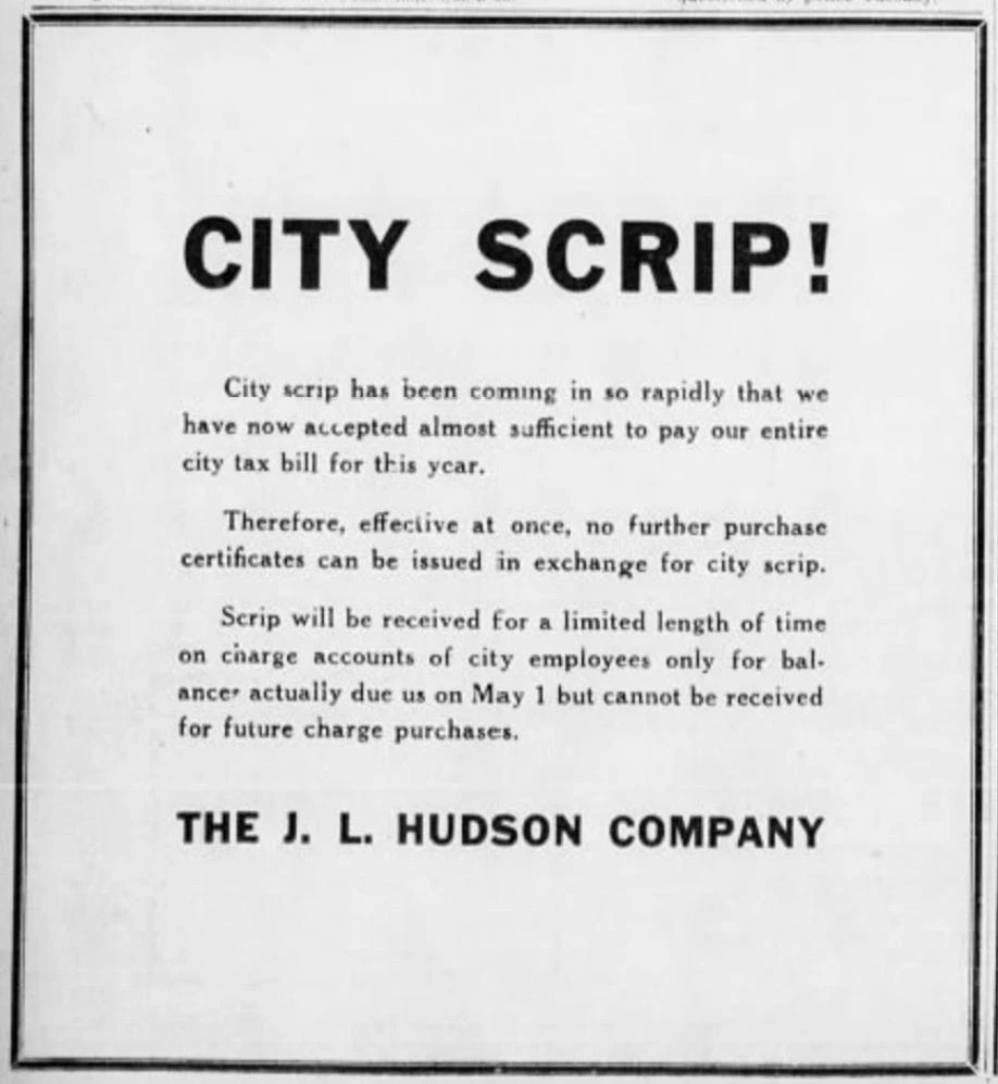 Hudson's has run thousands of Detroit newspaper ads over the decades. This notice, from 1933, is one of the most unusual.