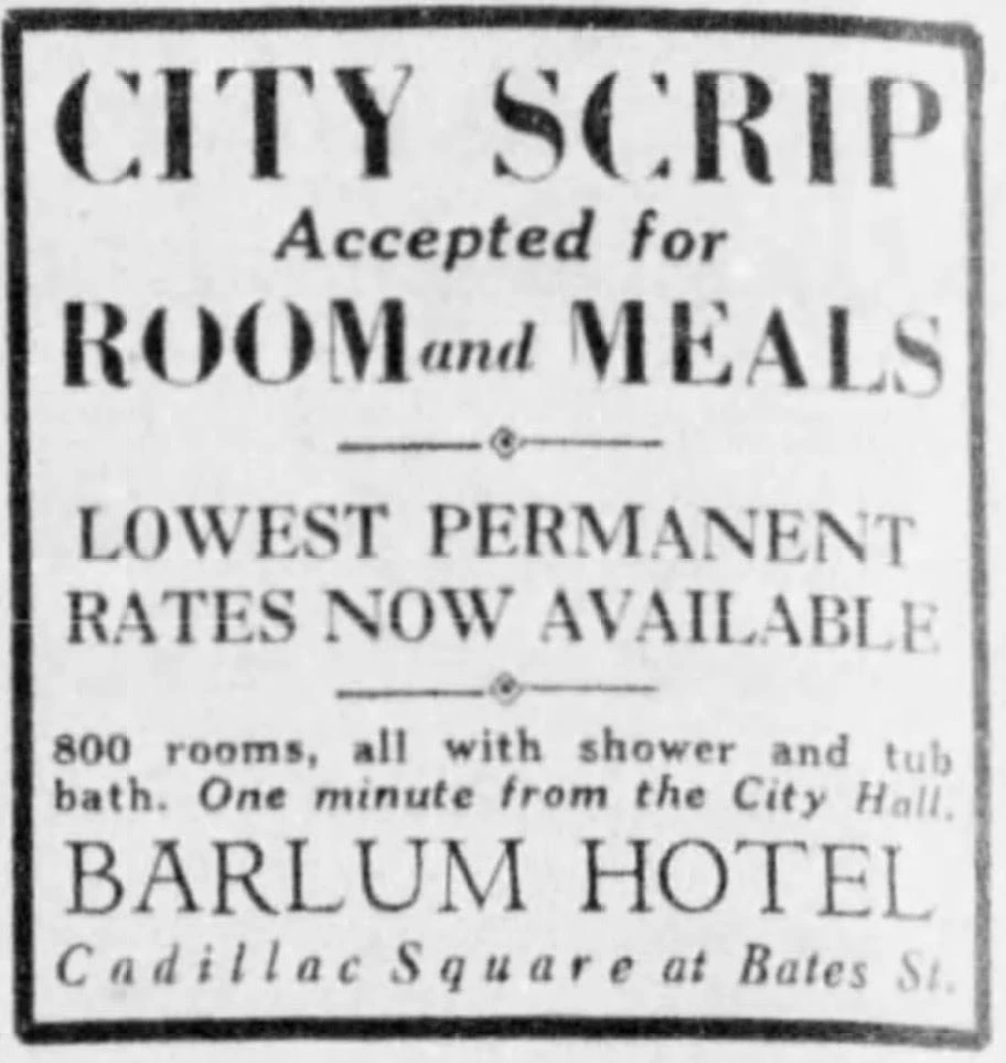 An advertisement published in the Free Press in 1933 for the Hotel Barlum.
