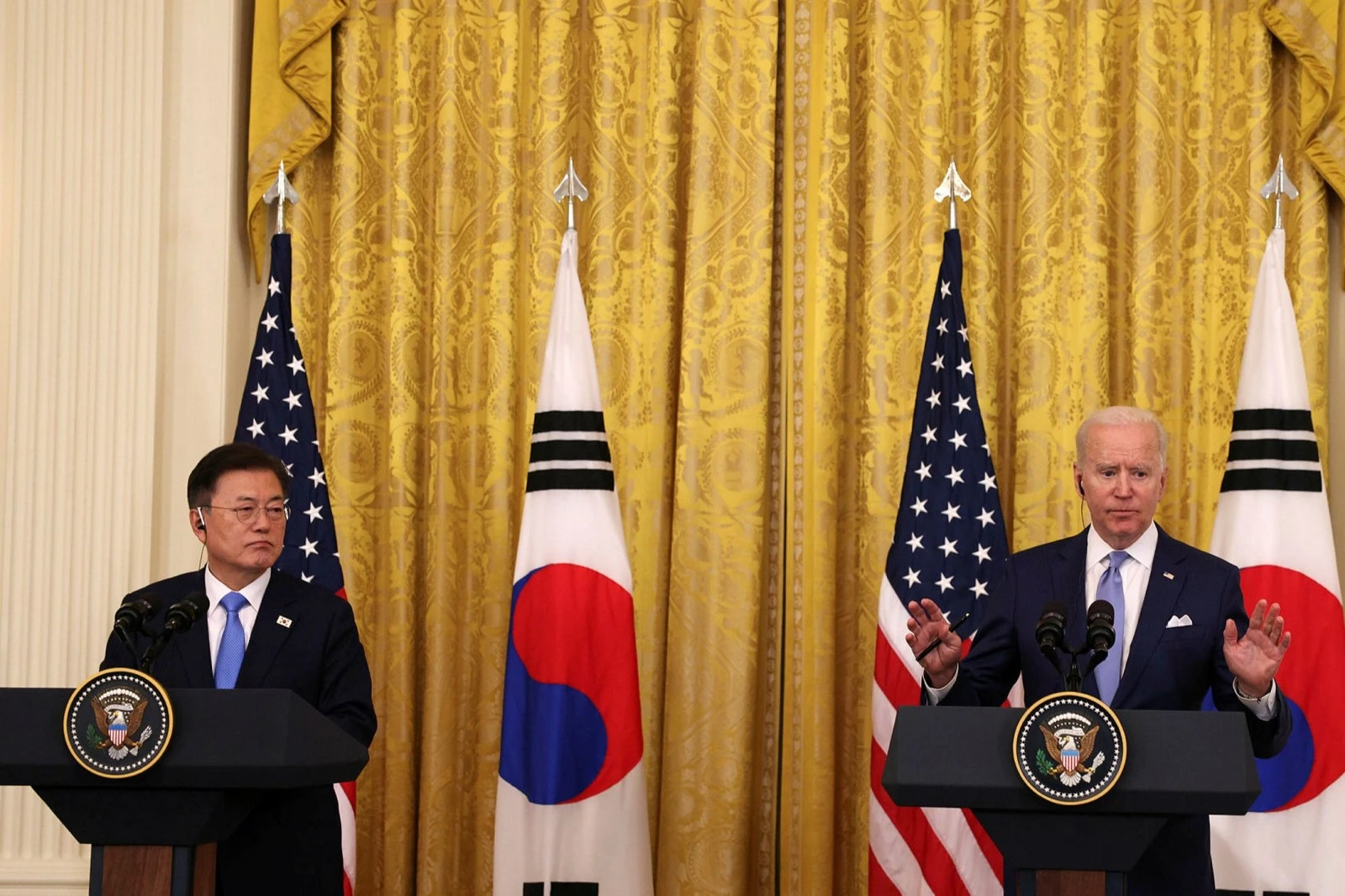 Moon Jae-in, left, president of South Korea, with his US counterpart Joe Biden at the White House in May this year
